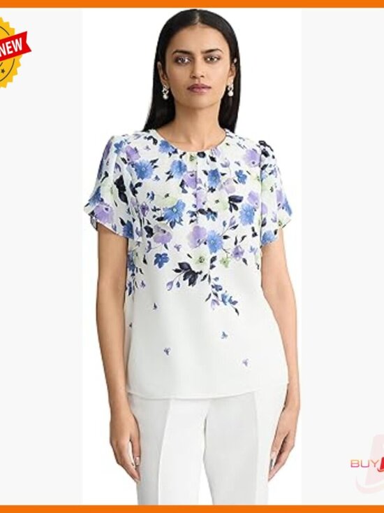 Tops - Plus-Size Short Ruffled Sleeve Printed Top, Floral Pattern, Round Neck